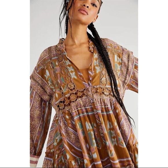 Free People Augustine Mini babydoll dress Brown Pink NWOT size XS Rare - Picture 12 of 13